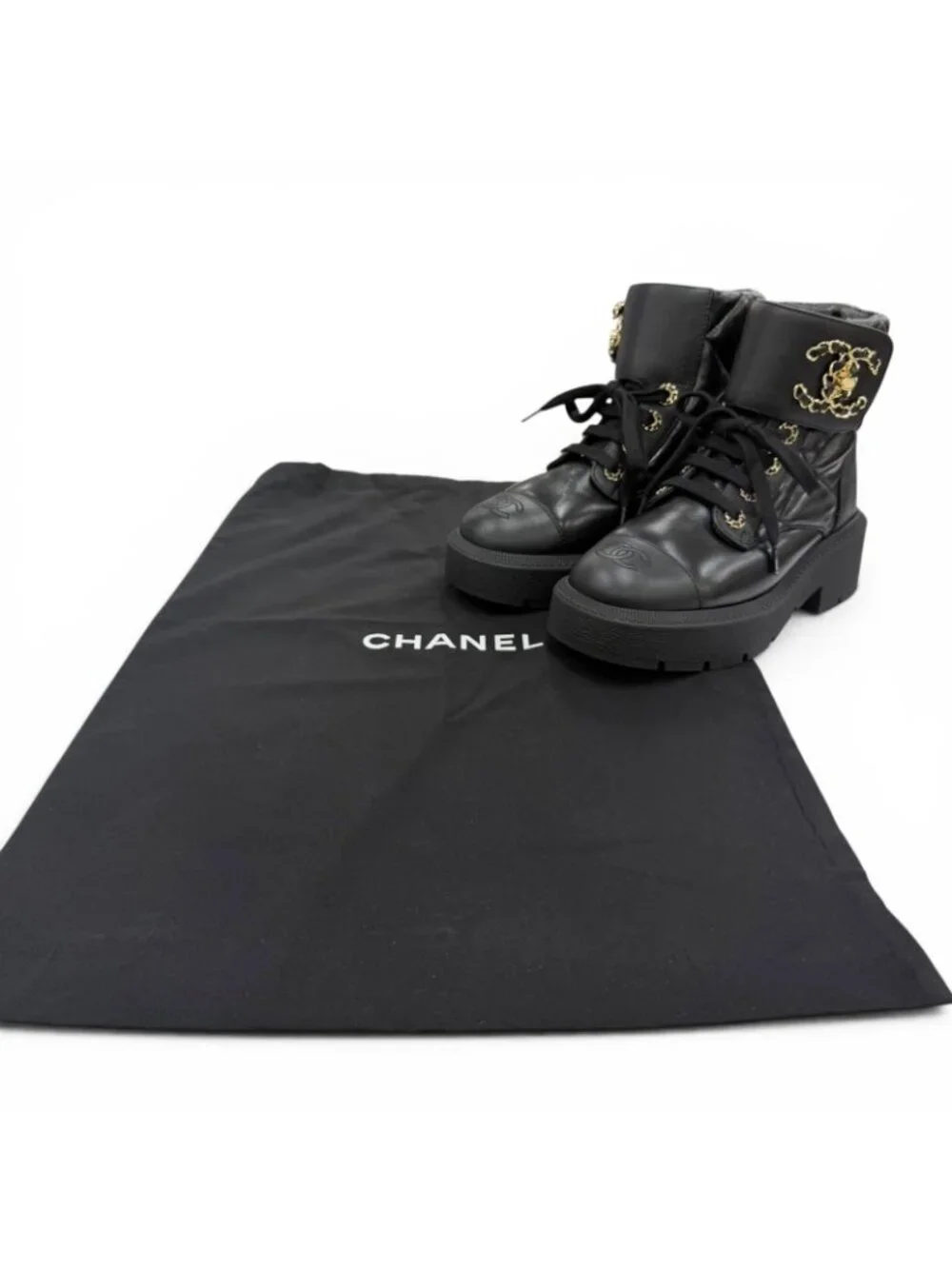 Chanel Quilted Chain CC Logo Turnlock Leather Short Boots Black 34 with